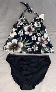 Leilani 2 Piece Swimsuit Floral Halter Tankini Top & Bikini Bottom 10 Black (B5) - Picture 1 of 3
