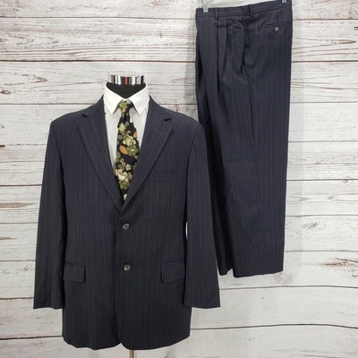 Christian Brooks Men's Blue Navy Pinstriped Wool 2Piece Suit Pants Set Size 42R - Изображение 1 из 4