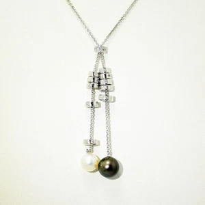 Mikimoto Black White Akoya Pearl Diamond Necklace K18 White Gold 78cm Ajdustable - Picture 1 of 10