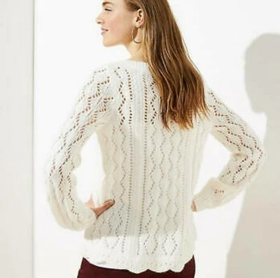 LOFT Mujer’s Suéter Mediano Marfil Festoneado Pointelle Tejido Abierto Armario Grapa Lana Foto 1 de 4