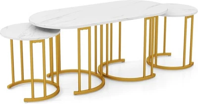 3-Piece Nesting Coffee Table Set Faux Marble White Gold Metal Legs Round Oval - Image 1 of 4