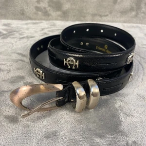 Cinturón de cuero negro Etienne Aigner XL plateado logotipo herrajes elegante clásico Y2K - Imagen 1 de 14