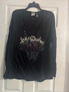 Harley Davidson Woman’s Black Sheer V Neck Long Sleeve Top XL - Picture 1 of 11