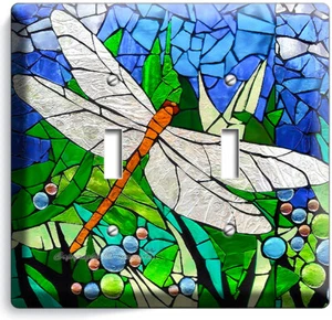 DRAGONFLY MOSAIC STAINED GLASS LOOK 2 GANG LIGHT SWITCH WALL PLATE BEDROOM DECOR - Picture 1 of 1