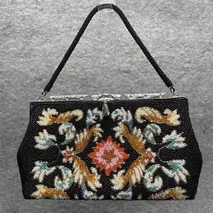 Vintage Black Beaded Floral Multicolor Clutch Evening Purse Formal Silver - Picture 1 of 5