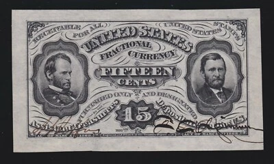 US 15c Fractional Currency spwmf Note FR 1274 Jefferies-Spinner Autographs Ch CU - Image 1 of 2