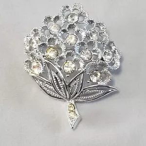 SARAHCOV signed vintage rhinestone brooch from the 60's Silvertone Bouq flower - Picture 1 of 7