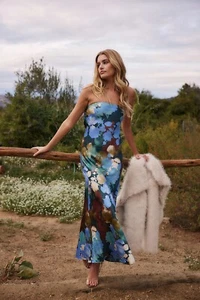 12th Tribe Women’s Natalia Blue Floral Printed Strapless Maxi Dress Size M New - Picture 1 of 7