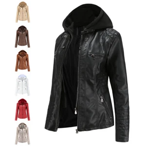 Hooded Leather Jacket Two-Piece Detachable Large Size Leather Jacket Female Pu - Picture 1 of 15