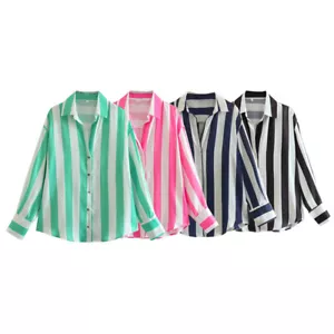 Womens Button Down Shirt Jacket Loose Long Sleeve Stripes Summer Blouse Tops - Picture 1 of 15
