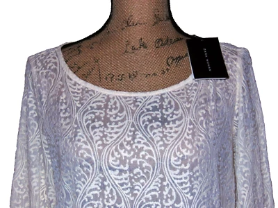 ZARA Langarm Bluse Tunika Baumwoll-Stickerei auf Chiffon weiß Gr.L neu/Etikett - Bild 1 von 4