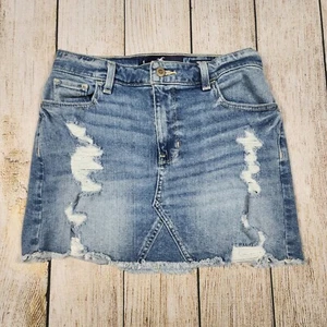 Hollister High-Rise Denim Skirt Distressed Frayed Hem Mini Vintage Stretch 5 - Picture 1 of 5