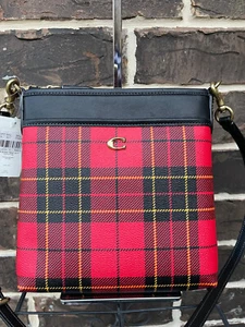 NWT Coach Kitt Crossbody Tartan Plaid Red Black leather coated canvas - Picture 1 of 4