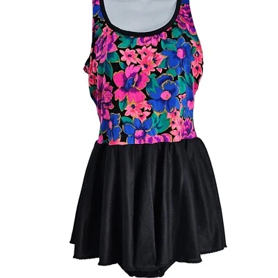 Traje de baño vintage años 80 con falda de una pieza para mujer talla M negro floral rosa púrpura Foto 1 de 4
