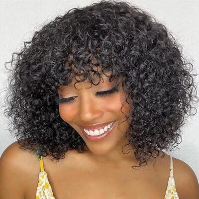 10 Inch Curly Bob Wig with Bangs, Glueless, Water Wave 100% Brazilian Human Hair - Image 1 of 4