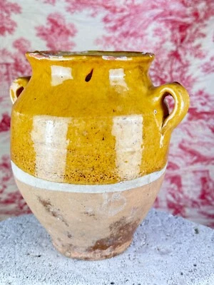 Ancien  pot a confit terre cuite émaillé jaune Vert faïence Sud Ouest 19 ème - Photo 1/4
