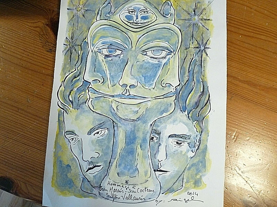 DESSIN COULEURS HOMMAGE A JEAN COCTEAU ET JEAN MARAIS PAR  RIGEL 2014   29 X 21 - Photo 1/3