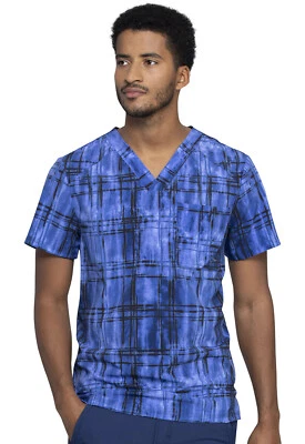 Plaid Tie Dye Cherokee Scrubs Infinity Mens V Neck Top CK902 PLTY - Image 1 of 4