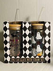 Spooky Ghost Funny Halloween Glasses with Lid and Straw Set of 2 New - Picture 1 of 5