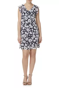 R&K Women's Chiffon Shift Dress Flutter Sleeve Floral White Blue Size 14 - Picture 1 of 2