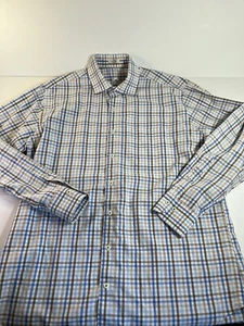 Peter Millar Mens Button Down Shirt Long Sleeve Plaid Blue/Tan/White LRG 48”c - Picture 1 of 7