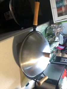 14 Zoll schwerer handgehämmerter Wok Kohlenstoffstahl Wok runder Bodengriff Deckel - Bild 1 von 12