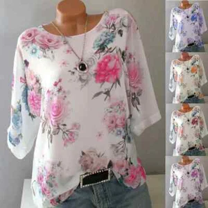 Women Summer Floral Short Sleeve Blouse Top Ladies Loose T-shirt Plus Size Tee - Picture 1 of 11