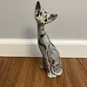 Mid Century Ceramic Cat With Long Neck And Big Eyes Gray Cat Yellow eyes 9” Tall - Picture 1 of 7