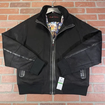 Robert Graham Vegan Suede Bomber Jacket Mens Large Black Fleece Collar NWT $298 - Image 1 of 4