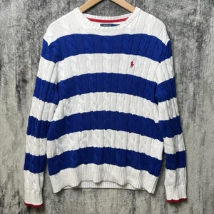 Polo Ralph Lauren Pullover Cable Knit Sweater Mens M White Blue Striped - Picture 1 of 5