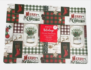Christmas Patchwork Placemats Set of 4 Vinyl Foam Back Holiday 13x18" Plaid - Picture 1 of 5