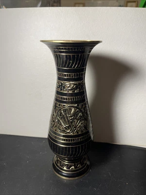 Brass Handcrafted Black Vase, Antique Style - 1 Pc Etched Brass 7.25” - Image 1 of 2