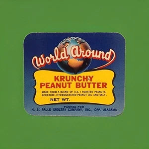 World Around Uncirculated Tin Can Label Krunchy Peanut Butter H.B. PAULK GRO... - Picture 1 of 2