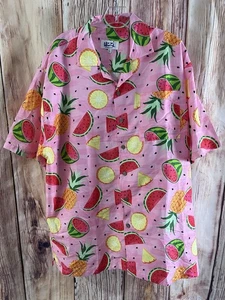 Camicia Uzzi rosa ananas anguria con bottoni ingranaggio anfibio spiaggia hawaiana XL - Foto 1 di 11
