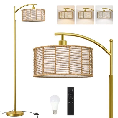Lámpara de pie de arco dorado de 62,5"" para sala de estar, lámpara de pie boho de ratán con control remoto... Foto 1 de 4