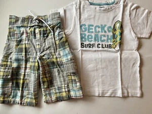 NWOT Boys 3 Gymboree SURF ROCKS Cotton PLAID Cargo SHORTS & Gecko TOP 2pc Set - Picture 1 of 9