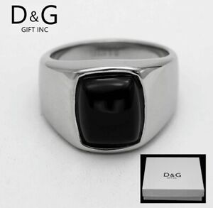 DG Men's Stainless Steel Black Onyx Wedding High Polish Ring Size 8 9 10-13*Box