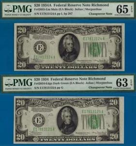1934/1934A $20 FRN Richmond PMG 65EPQ - Reverse Changeover Fr 2054-E Fr 2055-E - Picture 1 of 7