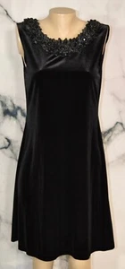 CONNECTED PETITE Black Velvet Sleeveless Dress 12P Beaded Floral Ruffle Neckline - Picture 1 of 8
