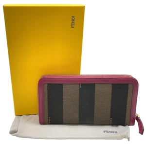 Auth FENDI Pecan Khaki Purple Round Zipper Canvas Long Wallet W/Box NS041031 - Picture 1 of 19
