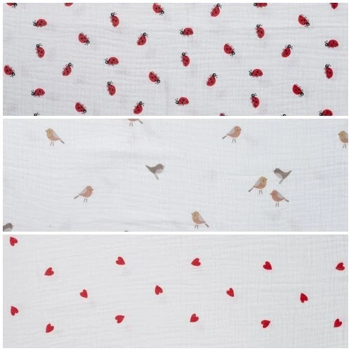 Musselin Stoff double Gauze 50x130 Baumwolle Vögel Herzen Marienkäfer - Bild 1 von 1