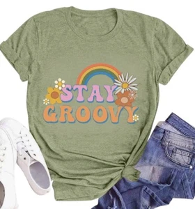 Stay Groovy Rainbow T-Shirt | Retro Hippie 70’s Flower Graphic Tee Tops Medium - Bild 1 von 1