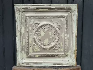 C.1885 Tin Ceiling Panel Bay Leaf WREATH & Fleur De Lis 24x24" Shabby, Holidays - Picture 1 of 8