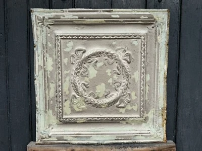 C.1885 Tin Ceiling Panel Bay Leaf WREATH & Fleur De Lis 24x24" Shabby, Holidays - Image 1 of 4