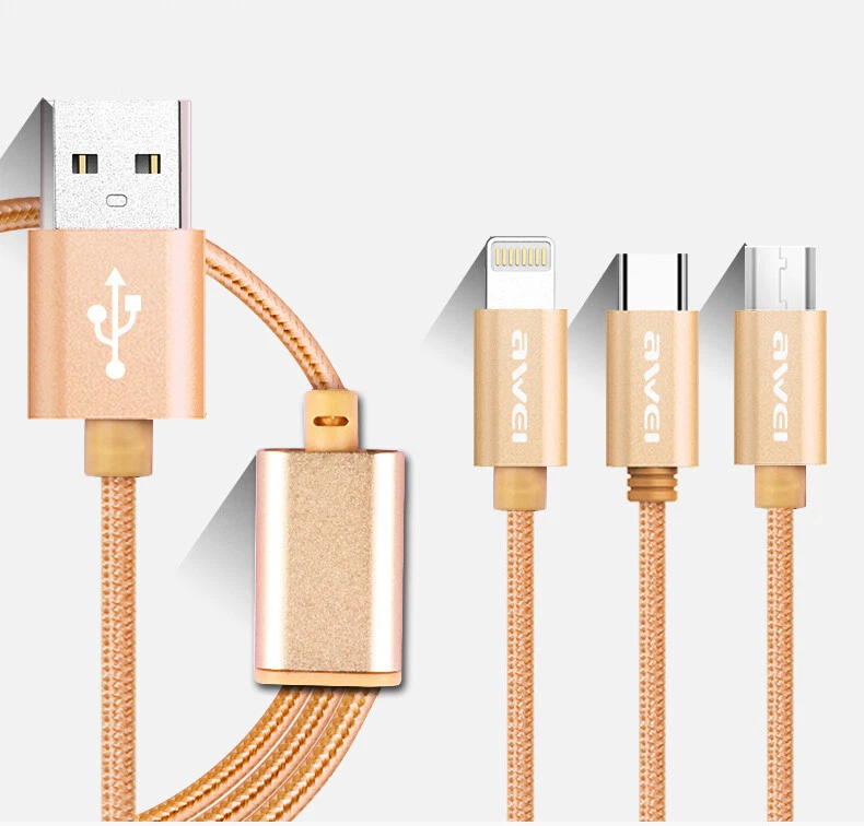 3 in 1 Multiple Head USB Charging Cord Cable For Cellular Phone Android Type C - Image 1 of 4