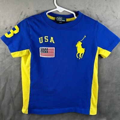 Polo Ralph Lauren Boys 4T Blue USA Flag Patch Big Yellow Pony Crew  Neck T Shirt - Image 1 of 4