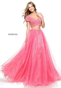 Sherri Hill 51039 Coral Shimmering Crop Top Ball Gown Dress sz 0 - Picture 1 of 2