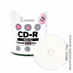 100 Smartbuy CD-R 52X 700MB/80Min White Top Blank Media Recording Disc