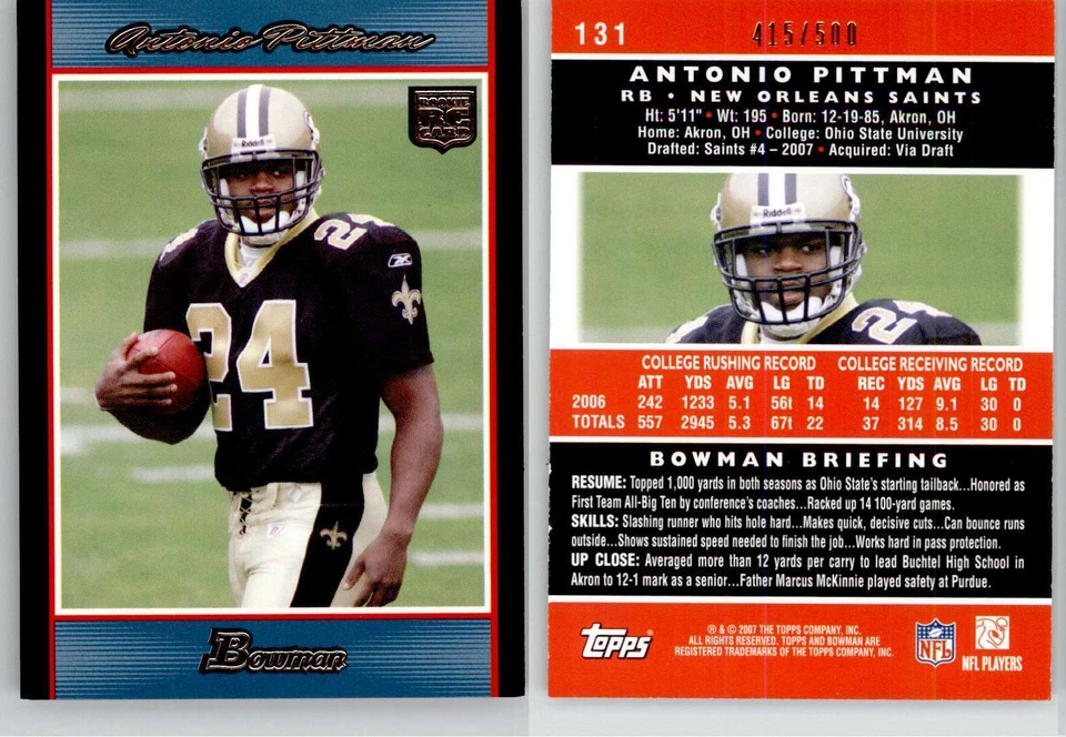 Antonio Pittman 2007 Bowman Blue #131 /500 Ohio St Saints RC Rookie EX-NM Foto 1 de 1