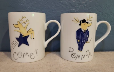 Pottery Barn Christmas Reindeer Coffee Tea Cup Mug Donner & Comet Holiday - Image 1 of 4